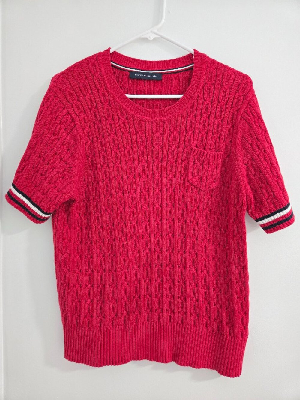 Tommy Hilfiger Women's Red Cable Knit Short Sleeve Sweater Size Small